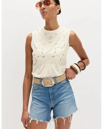 Top de bumbac cu broderie, Bej deschis