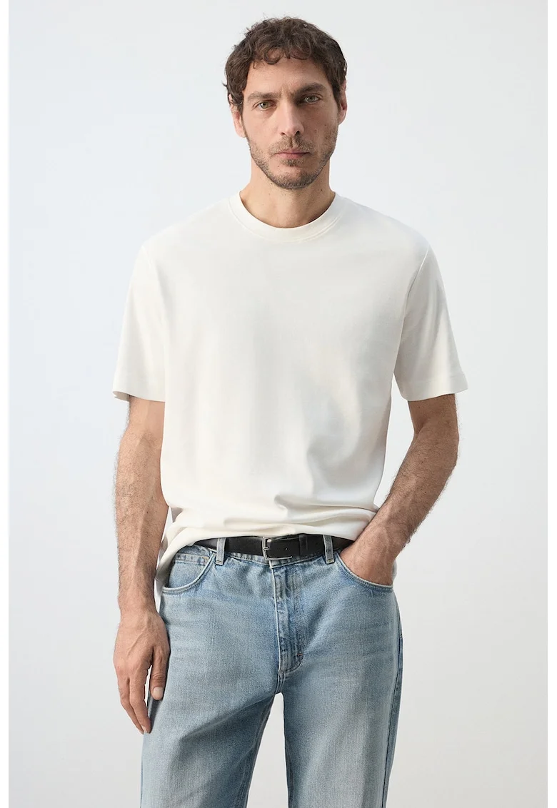 Tricou de bumbac cu decolteu la baza gatului, Alb fildes