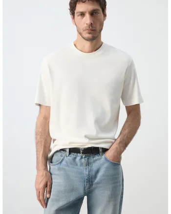 Tricou de bumbac cu decolteu la baza gatului, Alb fildes