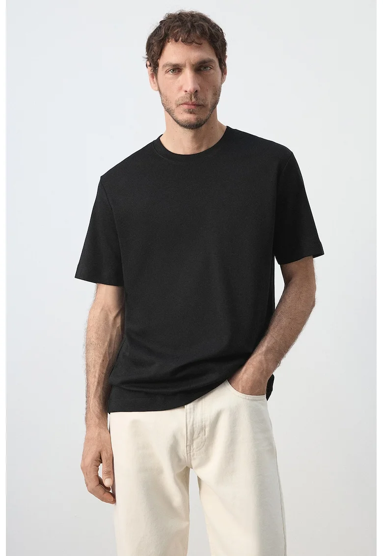 Tricou de bumbac cu decolteu la baza gatului, Negru