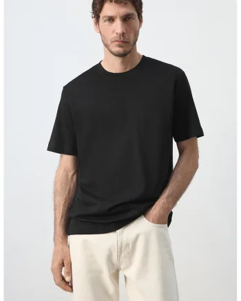 Tricou de bumbac cu decolteu la baza gatului, Negru