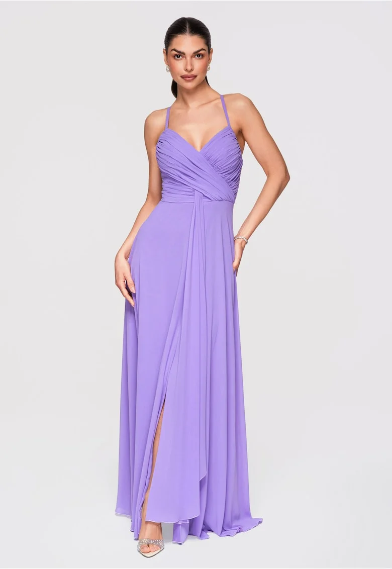 Rochie maxi cu decolteu in V si ramite subtiri, Mov