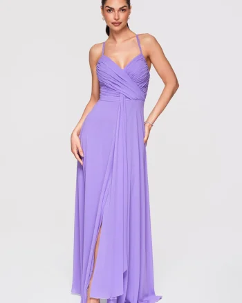 Rochie maxi cu decolteu in V si ramite subtiri, Mov