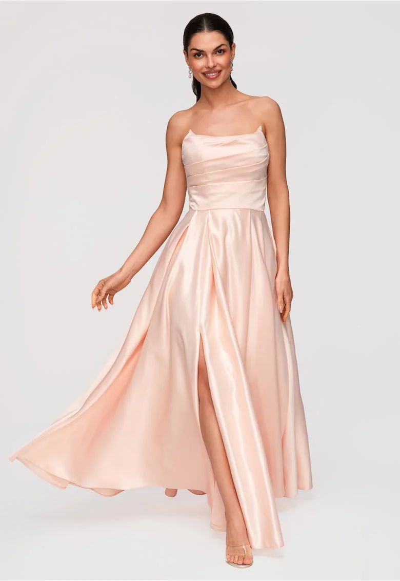 Rochie Maxi de Seara Eleganta, Croiala Ampla, Material Satinat Lucios, Bej