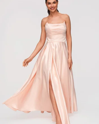 Rochie Maxi de Seara Eleganta, Croiala Ampla, Material Satinat Lucios, Bej