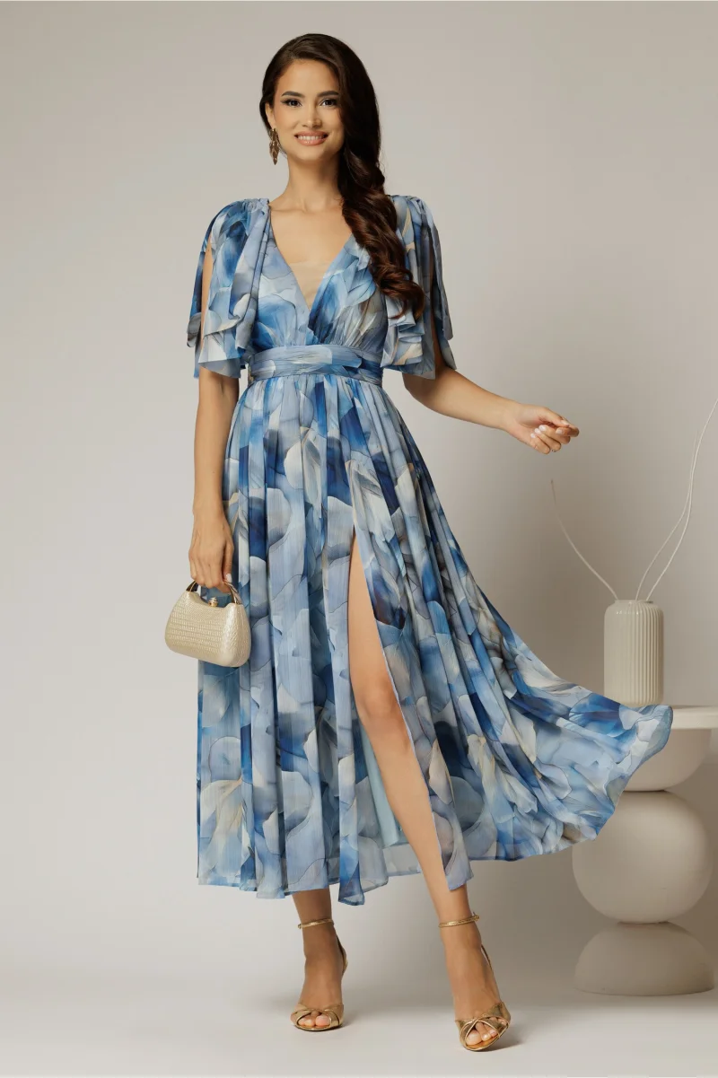 Rochie DY Fashion din voal creponat cu imprimeuri albastre si funde ample pe umeri