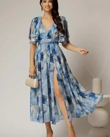 Rochie DY Fashion din voal creponat cu imprimeuri albastre si funde ample pe umeri
