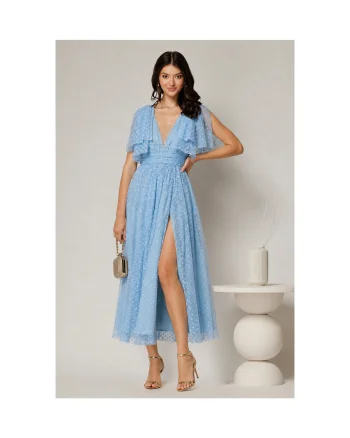 Rochie DY Fashion midi bleu din tull cu buline si funde ample pe umeri