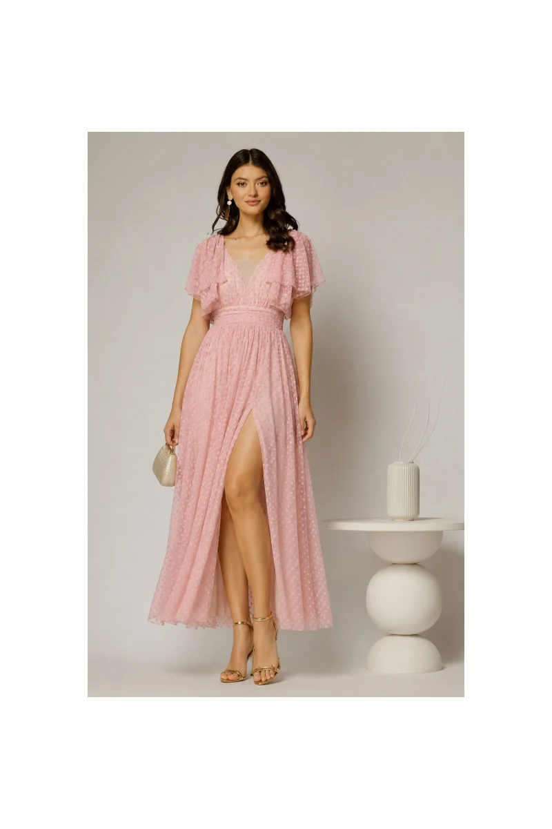 Rochie DY Fashion midi roz din tull cu buline si funde ample pe umeri