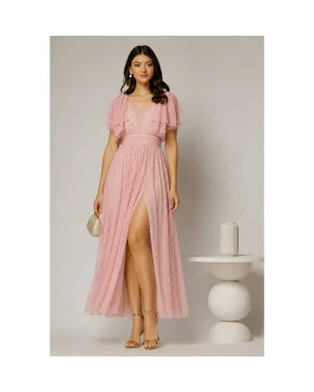 Rochie DY Fashion midi roz din tull cu buline si funde ample pe umeri