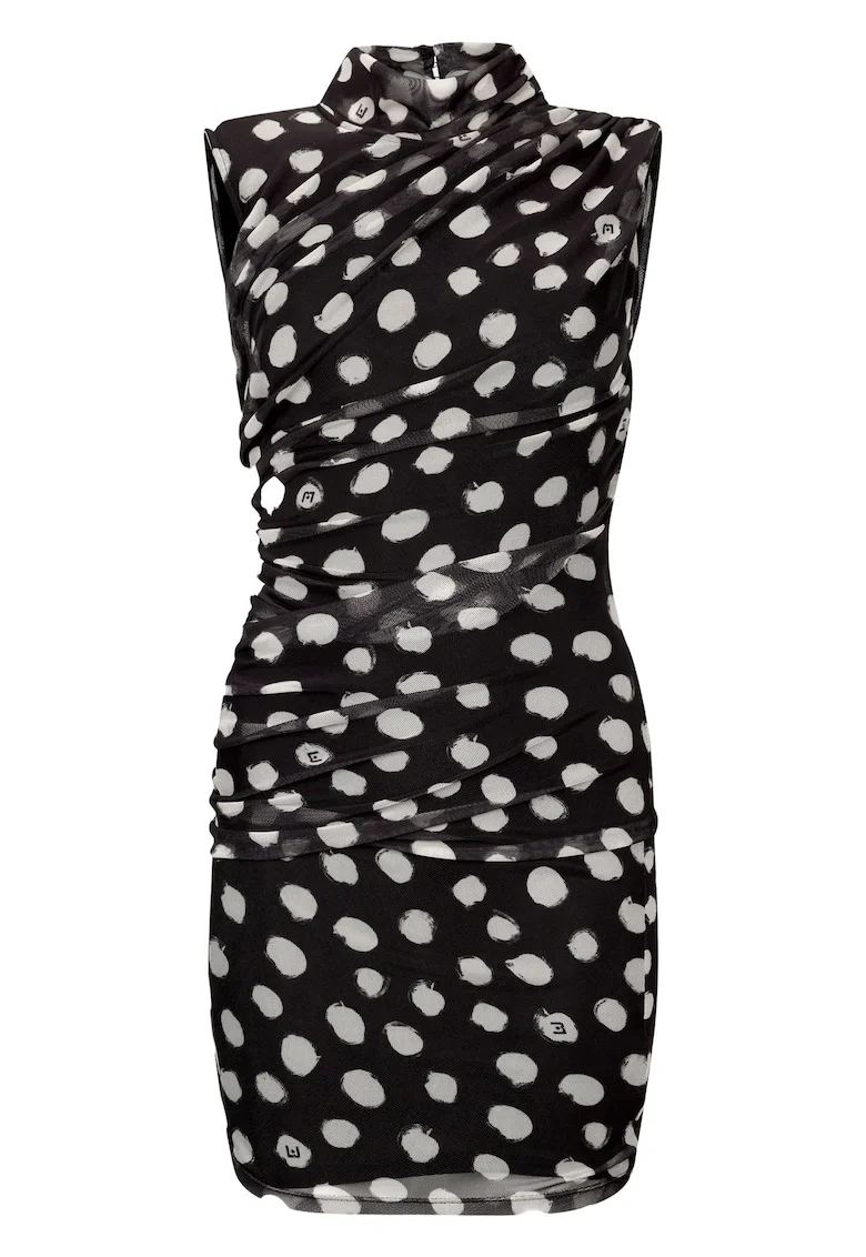 Rochie scurta cambrata cu buline, Alb/Negru