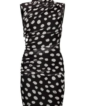 Rochie scurta cambrata cu buline, Alb/Negru