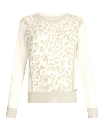 Pulover cu animal print si accente stralucitoare, Alb/Auriu