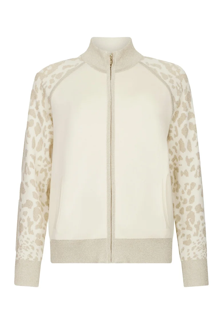 Bluza de trening cu fermoar si detalii cu animal print, Alb/Auriu