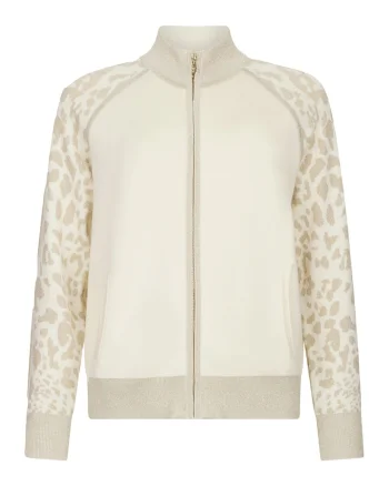 Bluza de trening cu fermoar si detalii cu animal print, Alb/Auriu