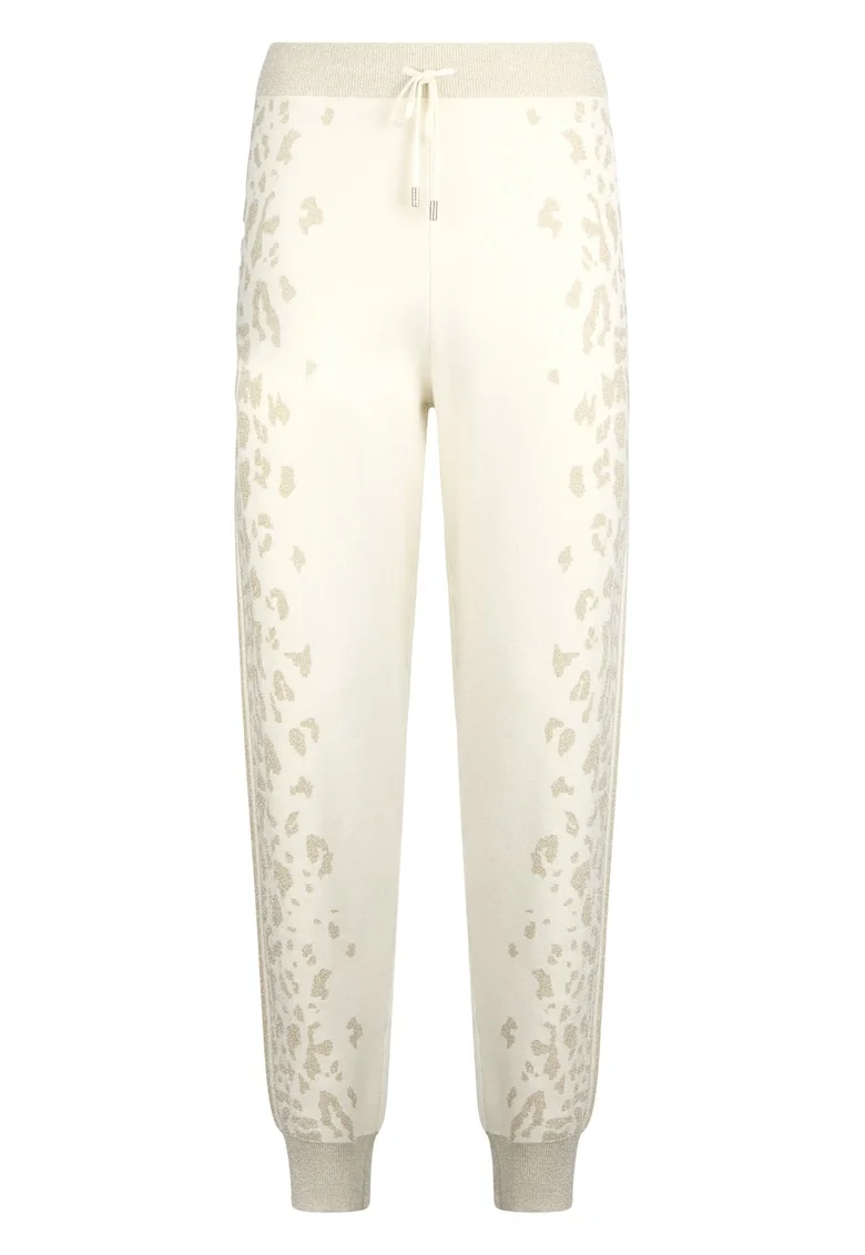 Pantaloni de trening cu animal print si aspect tricotat, Alb/Auriu