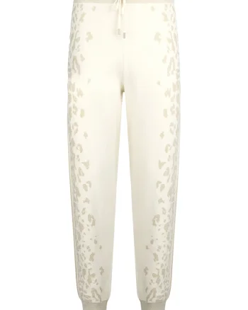 Pantaloni de trening cu animal print si aspect tricotat, Alb/Auriu