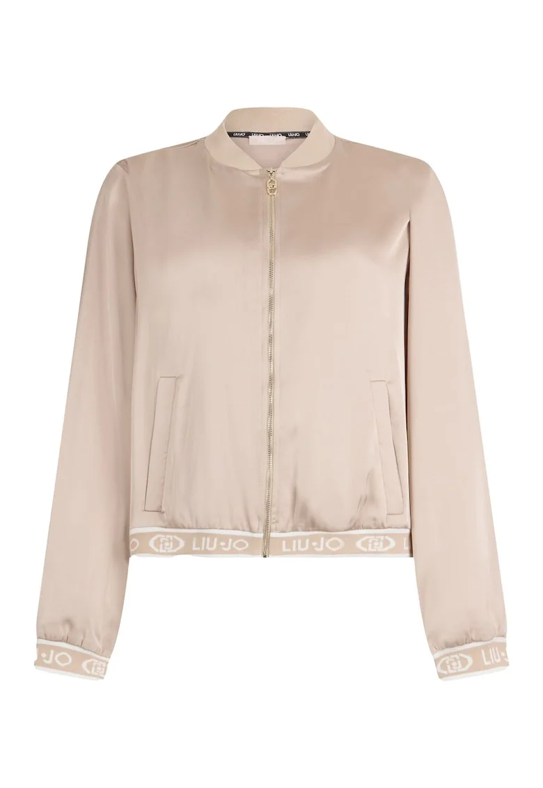 Jacheta bomber cu aspect de satin si banda logo, Bej