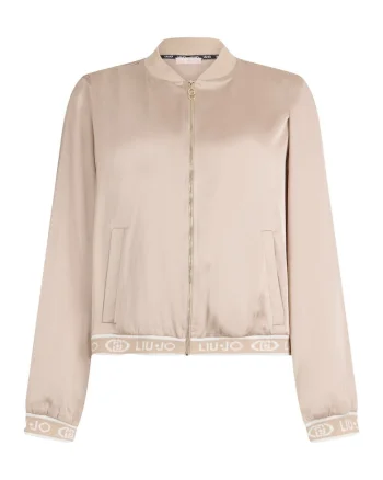 Jacheta bomber cu aspect de satin si banda logo, Bej