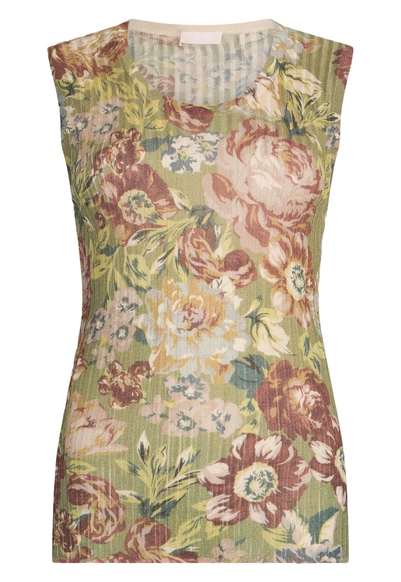 Top cambrat cu model floral, Rosu/Verde/Crem