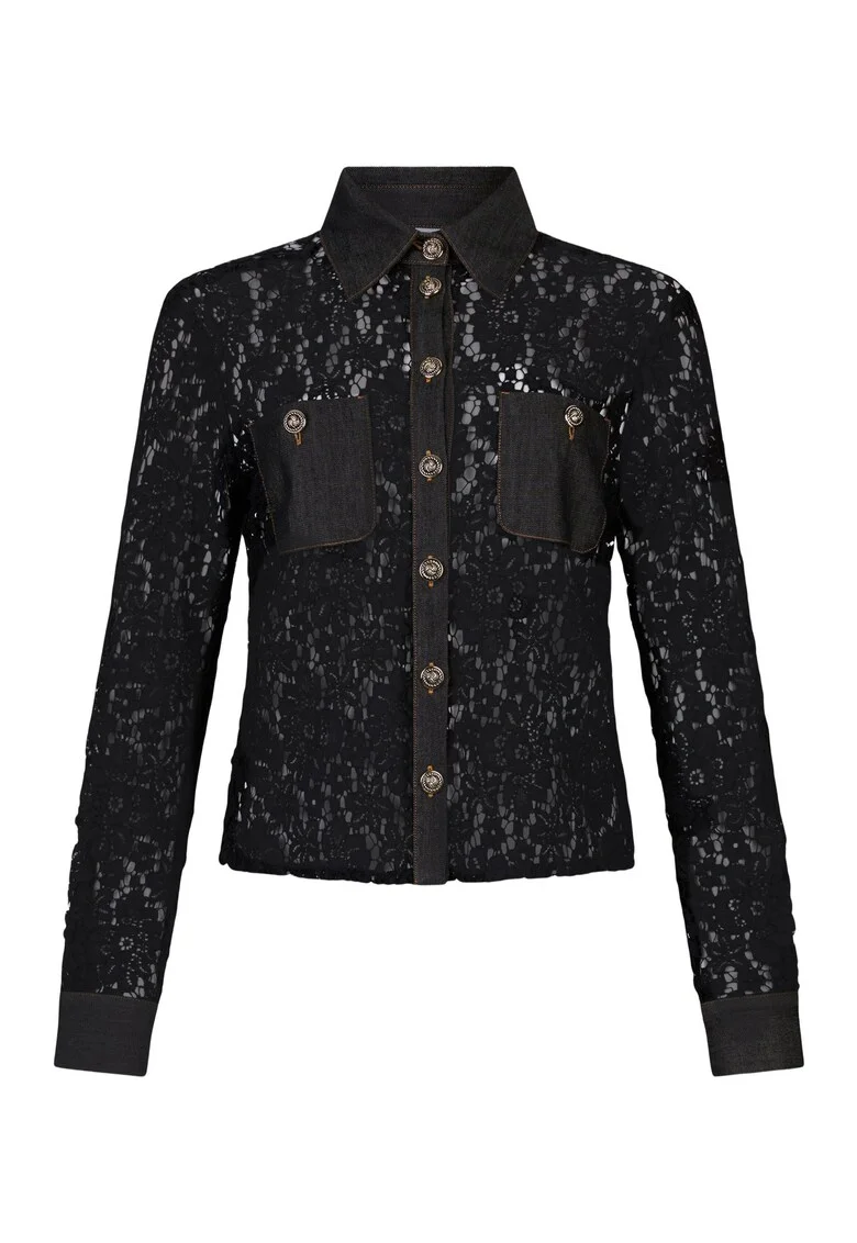 Jacheta-camasa din dantela de amestec de lyocell si garnituri din denim, Negru