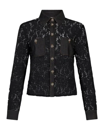 Jacheta-camasa din dantela de amestec de lyocell si garnituri din denim, Negru