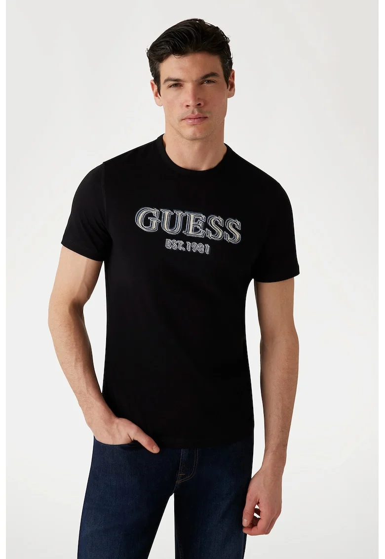 Tricou cu decolteu la baza gatului si imprimeu logo, Alb fildes/Negru/Albastru prafuit