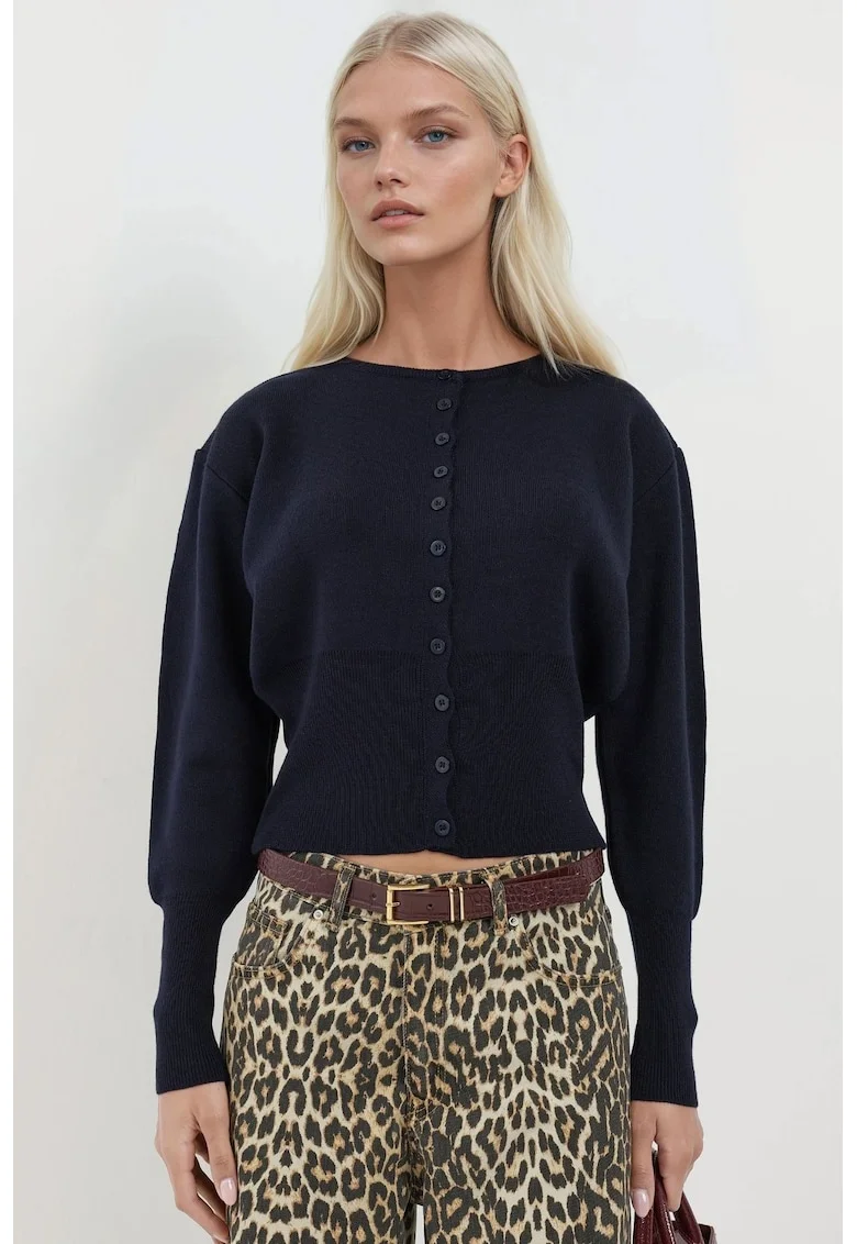 Cardigan tricotat,  guler rotund, croiala slim fit, bleumarin, tricot, Bleumarin