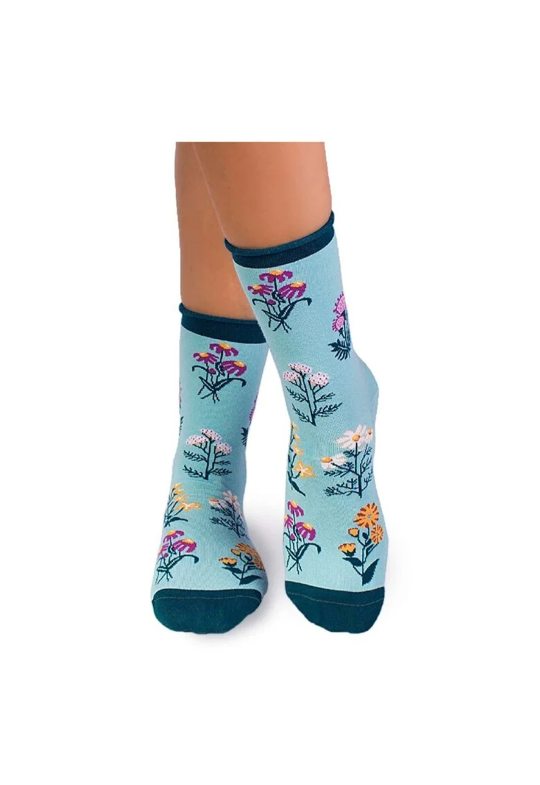 Sosete Fine din Bumbac organic cu model floral Menta