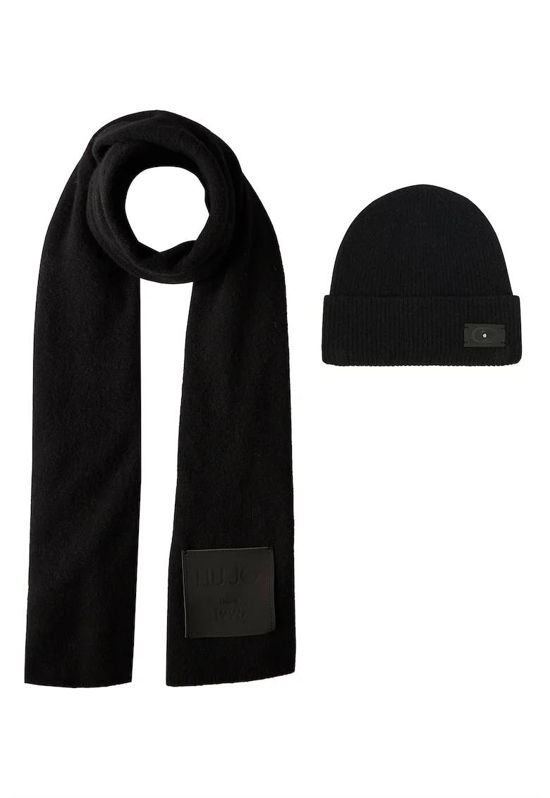 Set de caciula din amestec de lana si esarfa, Negru