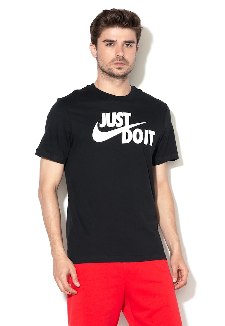 Tricou de bumbac cu imprimeu logo si text Swoosh, Alb/Negru