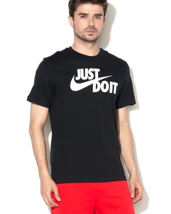 Tricou de bumbac cu imprimeu logo si text Swoosh, Alb/Negru