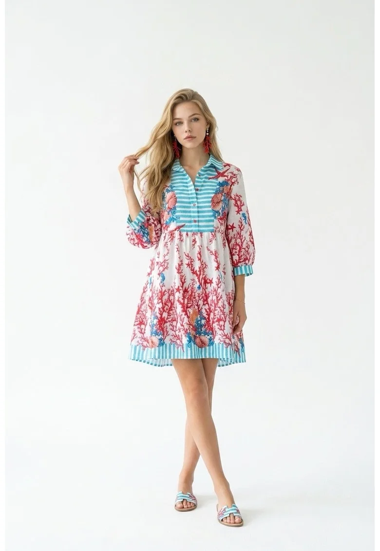 Rochie tip camasa scurta de vara din bumbac cu imprimeu multicolor Amalfi, Rosu/Albastru