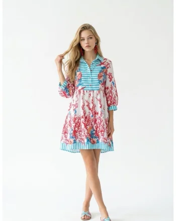 Rochie tip camasa scurta de vara din bumbac cu imprimeu multicolor Amalfi, Rosu/Albastru