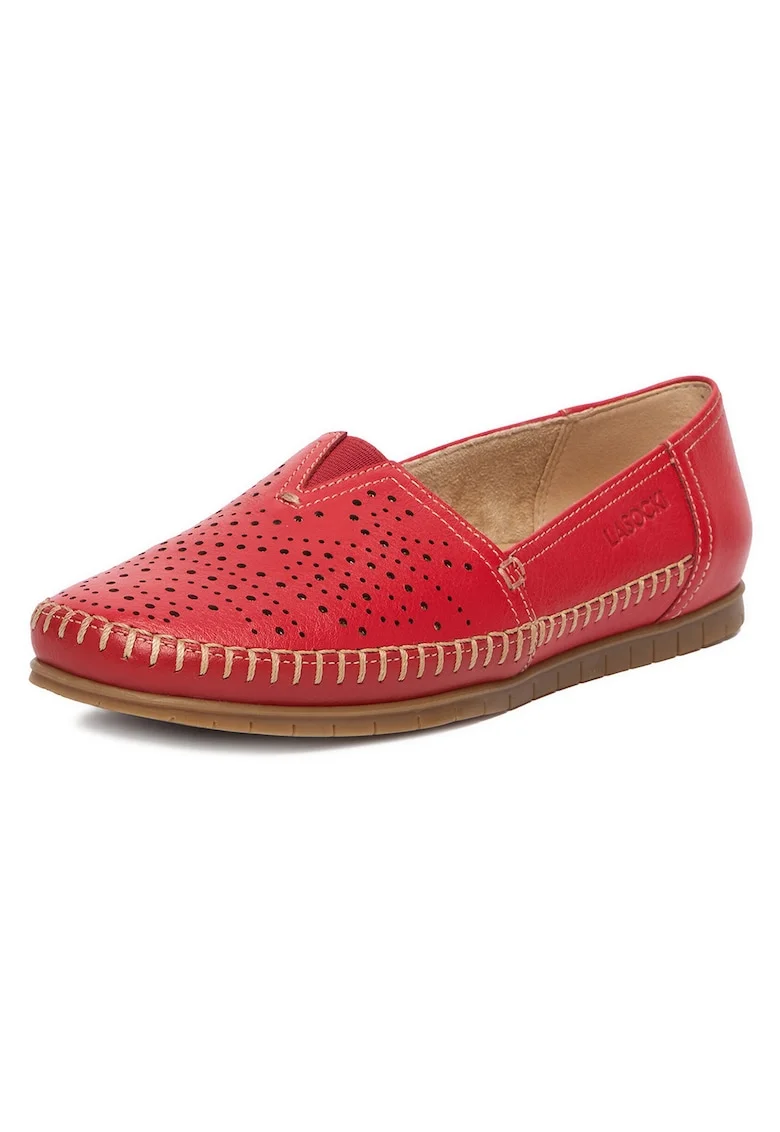 Mocasini dama  piele naturala, rosu, varf rotund,