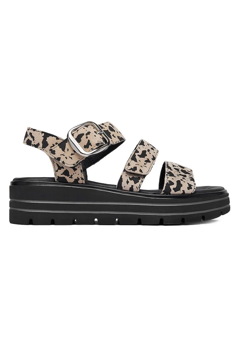 Sandale dama  piele naturala, bej/negru, talpa groasa, inchidere velcro,