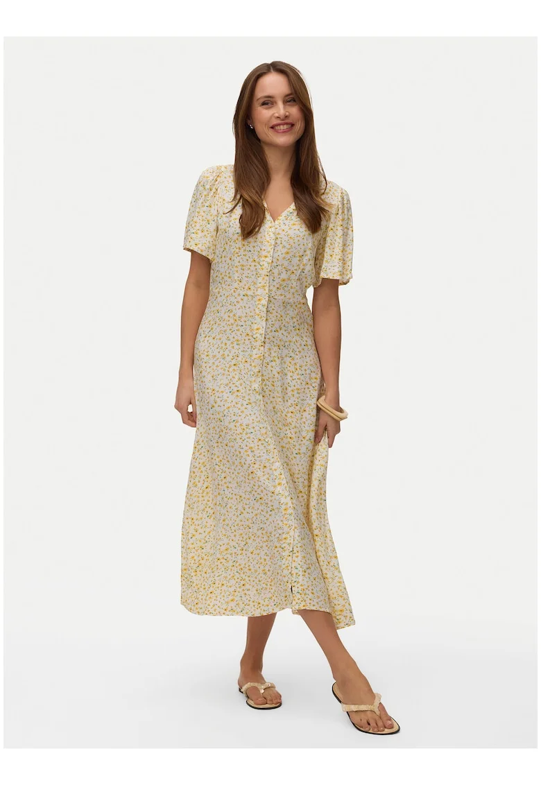 Rochie casual,  alb si galben, imprimeu floral, viscoza,