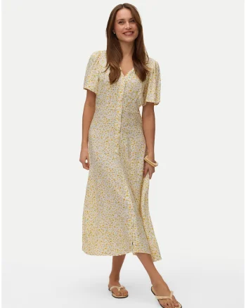 Rochie casual,  alb si galben, imprimeu floral, viscoza,