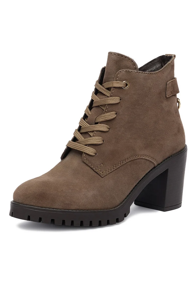 Botine dama,  piele naturala, bej, toc clasic, fermoar,