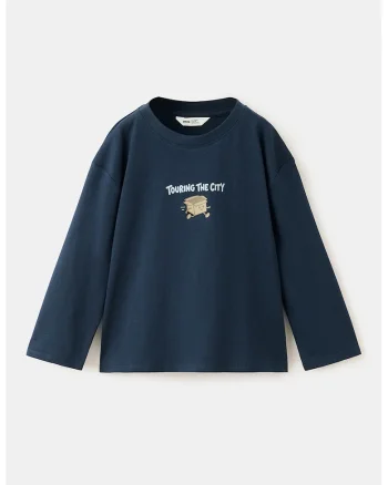 Bluza de bumbac cu decolteu la baza gatului, Albastru oceanic/Gri cenusiu