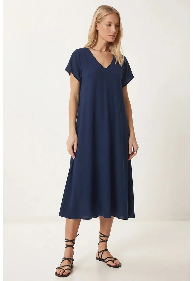 Rochie Midi, Happiness Istanbul, A-line, Albastru Marin, Viscoza cu Elastan
