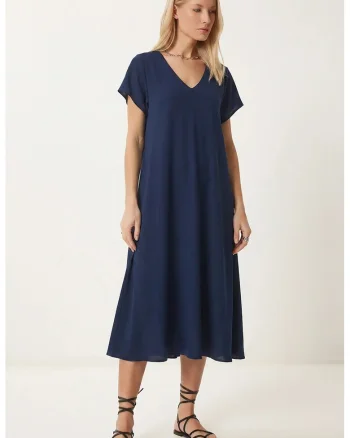 Rochie Midi, Happiness Istanbul, A-line, Albastru Marin, Viscoza cu Elastan