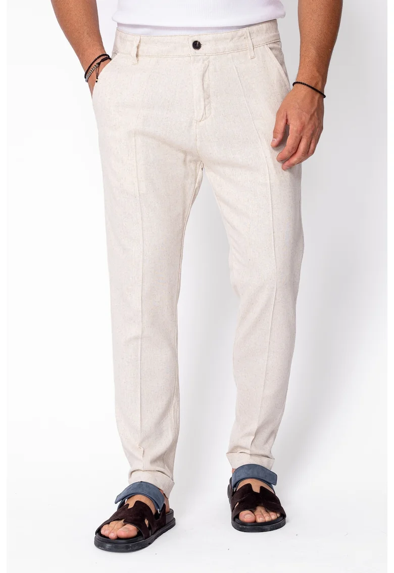 Pantaloni lungi din in cu nasture Beige 21980, Bej