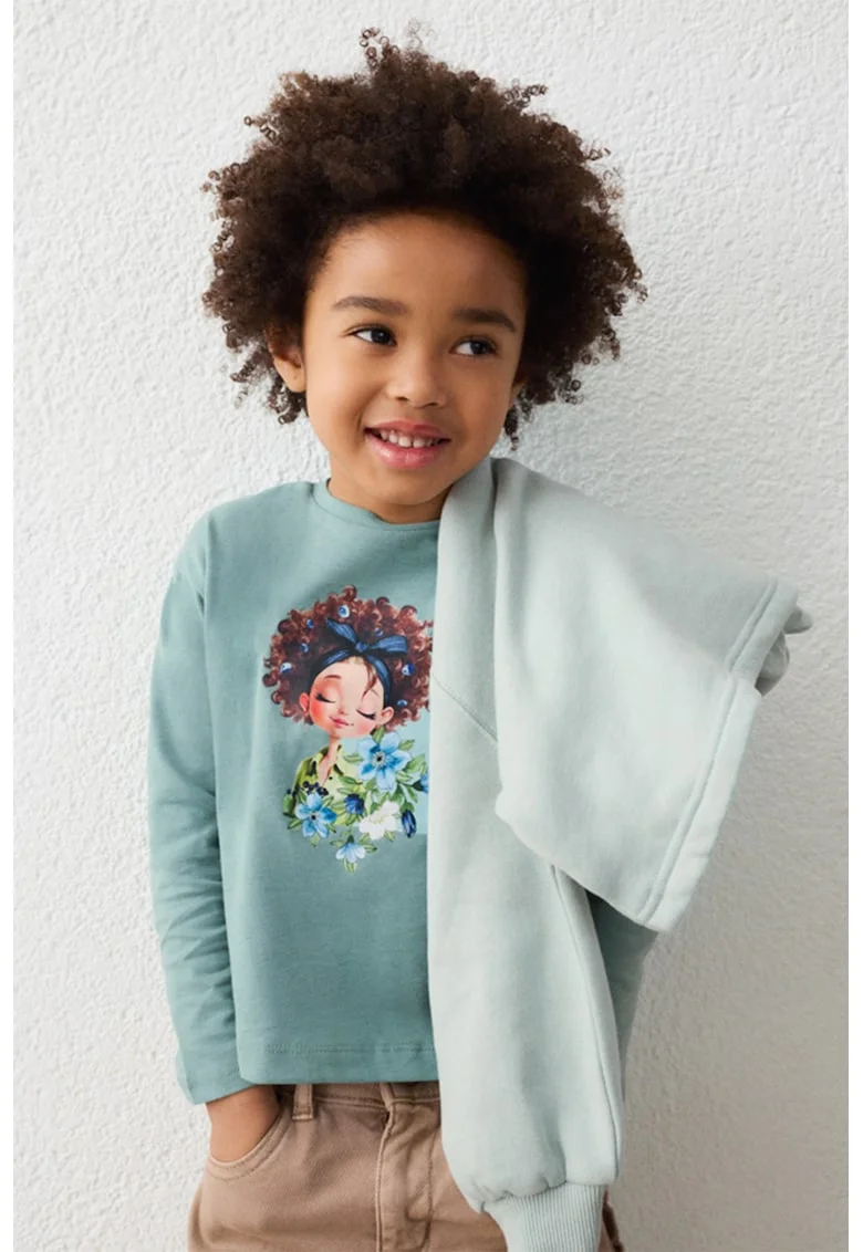Bluza de bumbac cu imprimeu grafic, Verde pastel