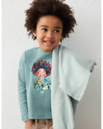 Bluza de bumbac cu imprimeu grafic, Verde pastel