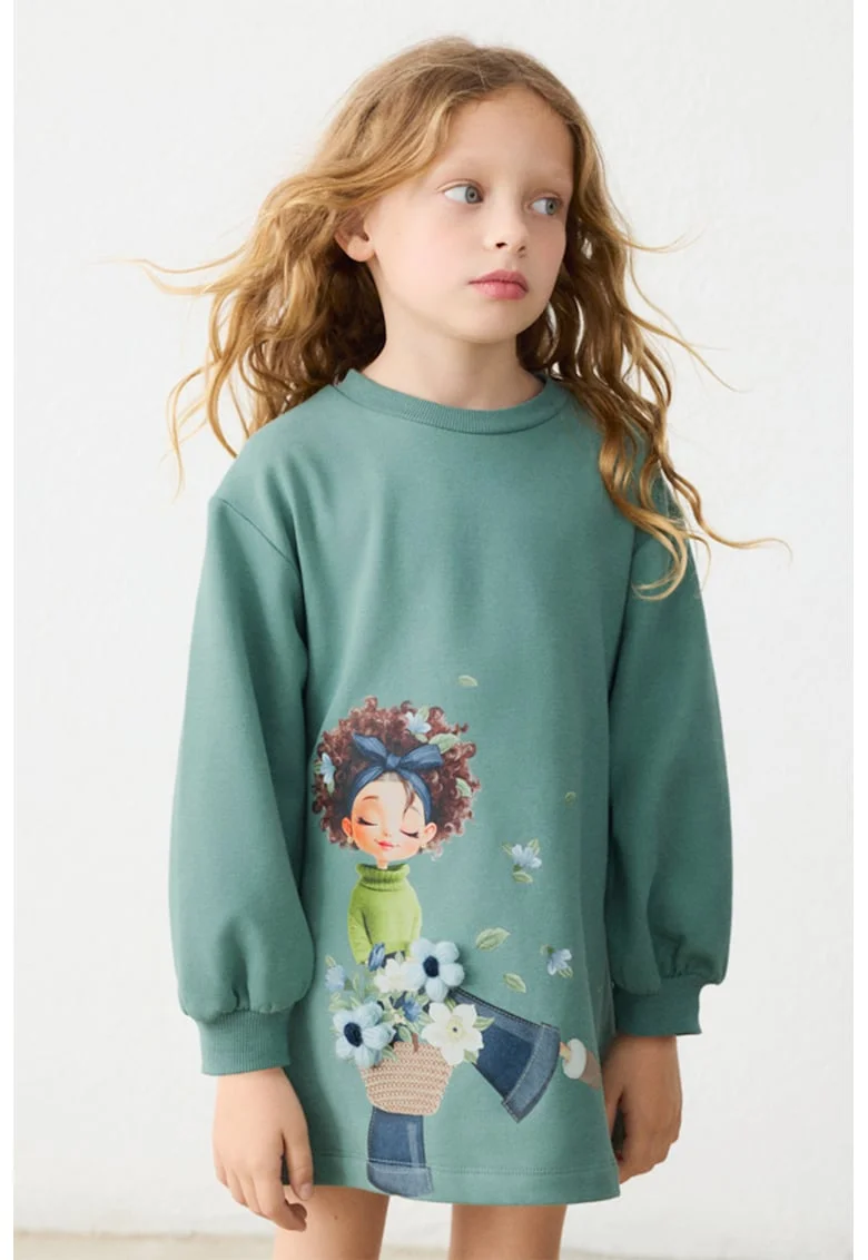Rochie lejera de bumbac cu model grafic, Verde pal
