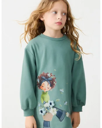 Rochie lejera de bumbac cu model grafic, Verde pal