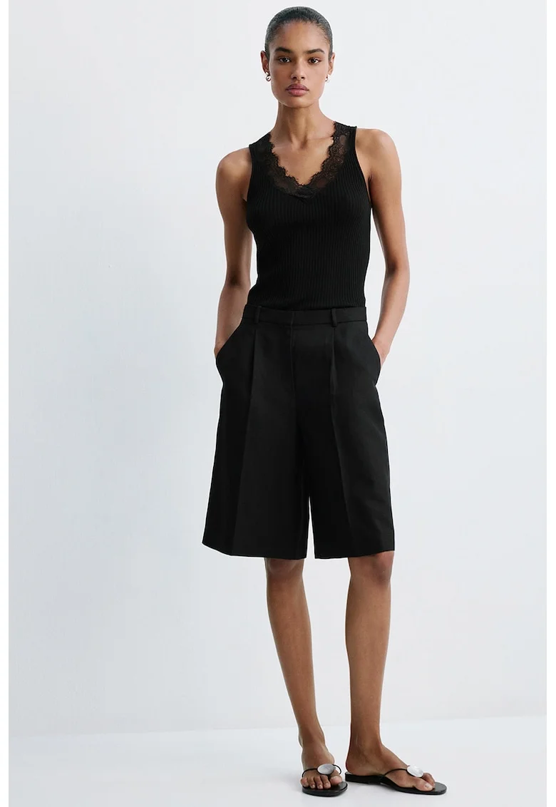Top slim fit striat din lyocell cu insertii din dantela, Negru