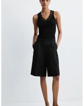 Top slim fit striat din lyocell cu insertii din dantela, Negru