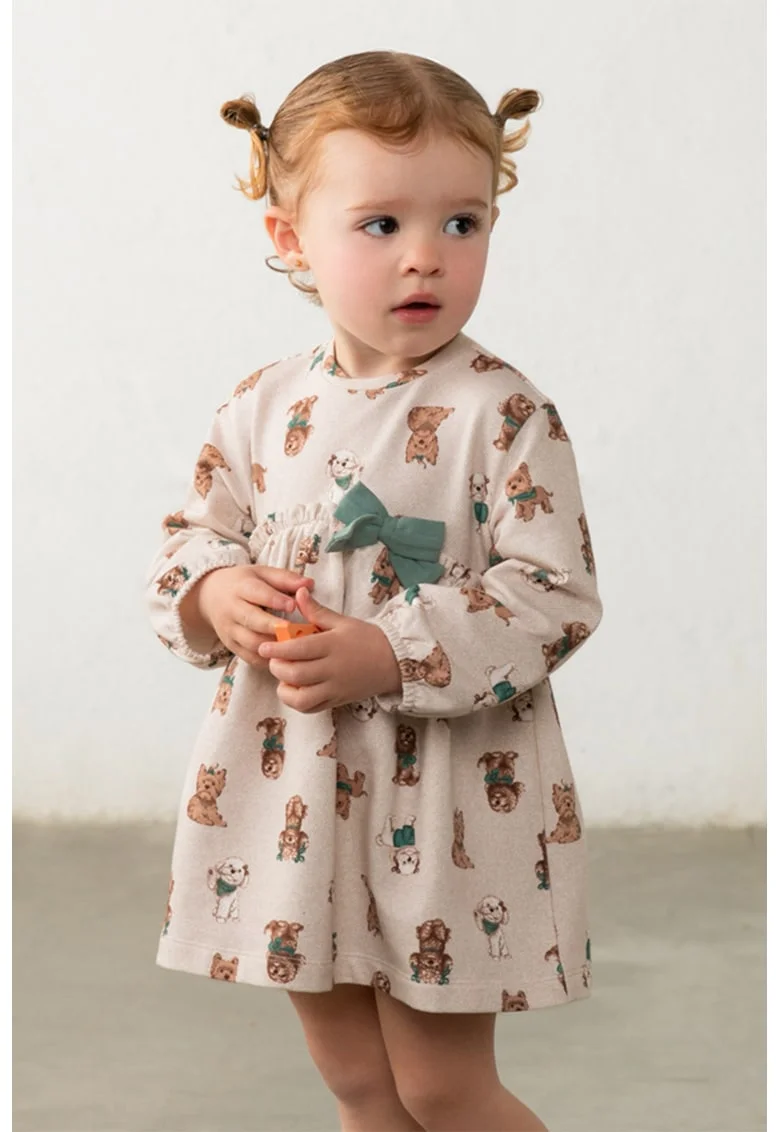 Rochie din amestec de bumbac cu imprimeu, Bej deschis
